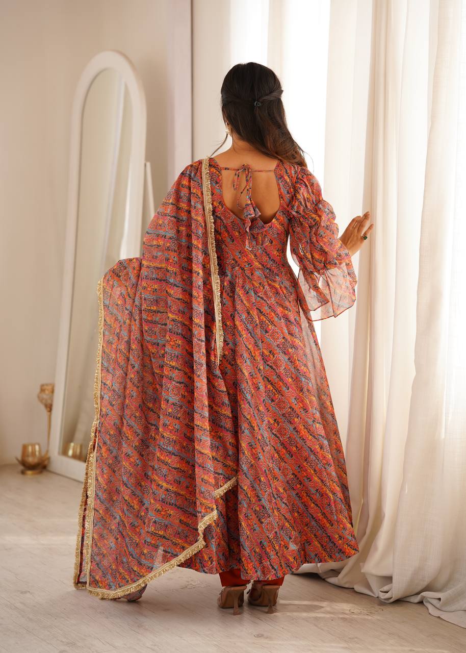 RUST ORANGE PRINTED TEBI ORGANZA ANARKALI GOWN