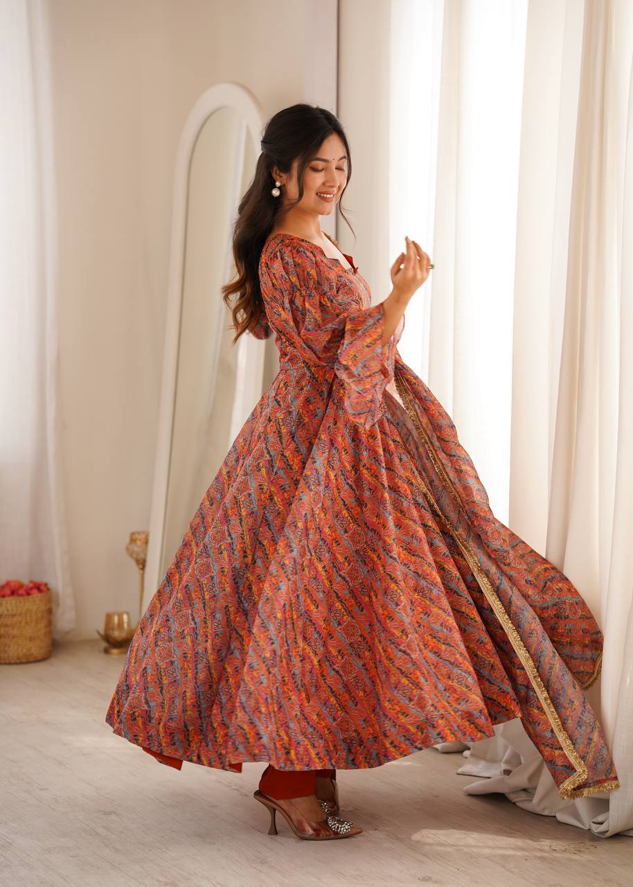 RUST ORANGE PRINTED TEBI ORGANZA ANARKALI GOWN