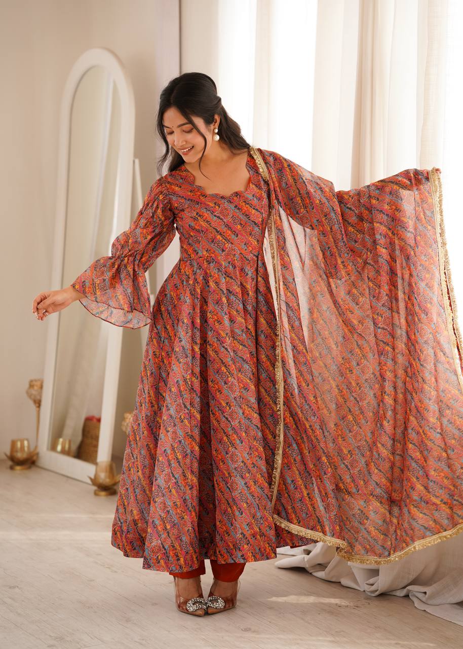 RUST ORANGE PRINTED TEBI ORGANZA ANARKALI GOWN
