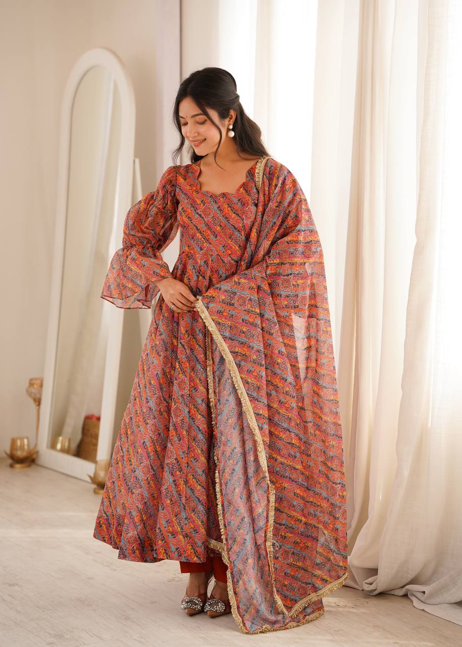 RUST ORANGE PRINTED TEBI ORGANZA ANARKALI GOWN