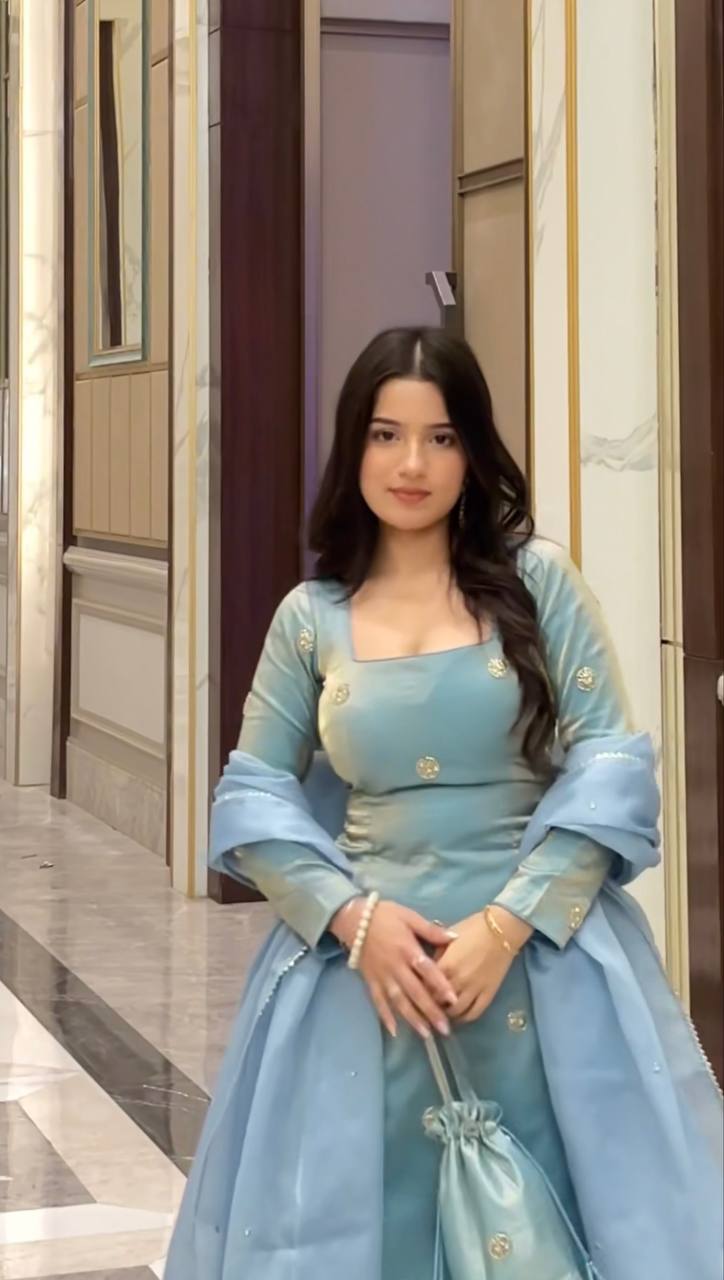 GREYISH TEAL COLOR FANDY SILK BASE PLAZZO SUIT SET OF 3