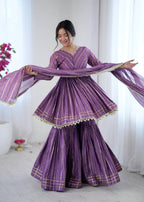 LILAC MUL CHANDERI SILK REAL MIRROR & HADWORK SHARARA SET