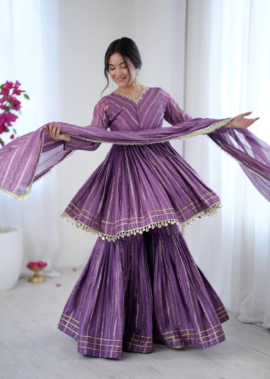 LILAC MUL CHANDERI SILK REAL MIRROR & HADWORK SHARARA SET