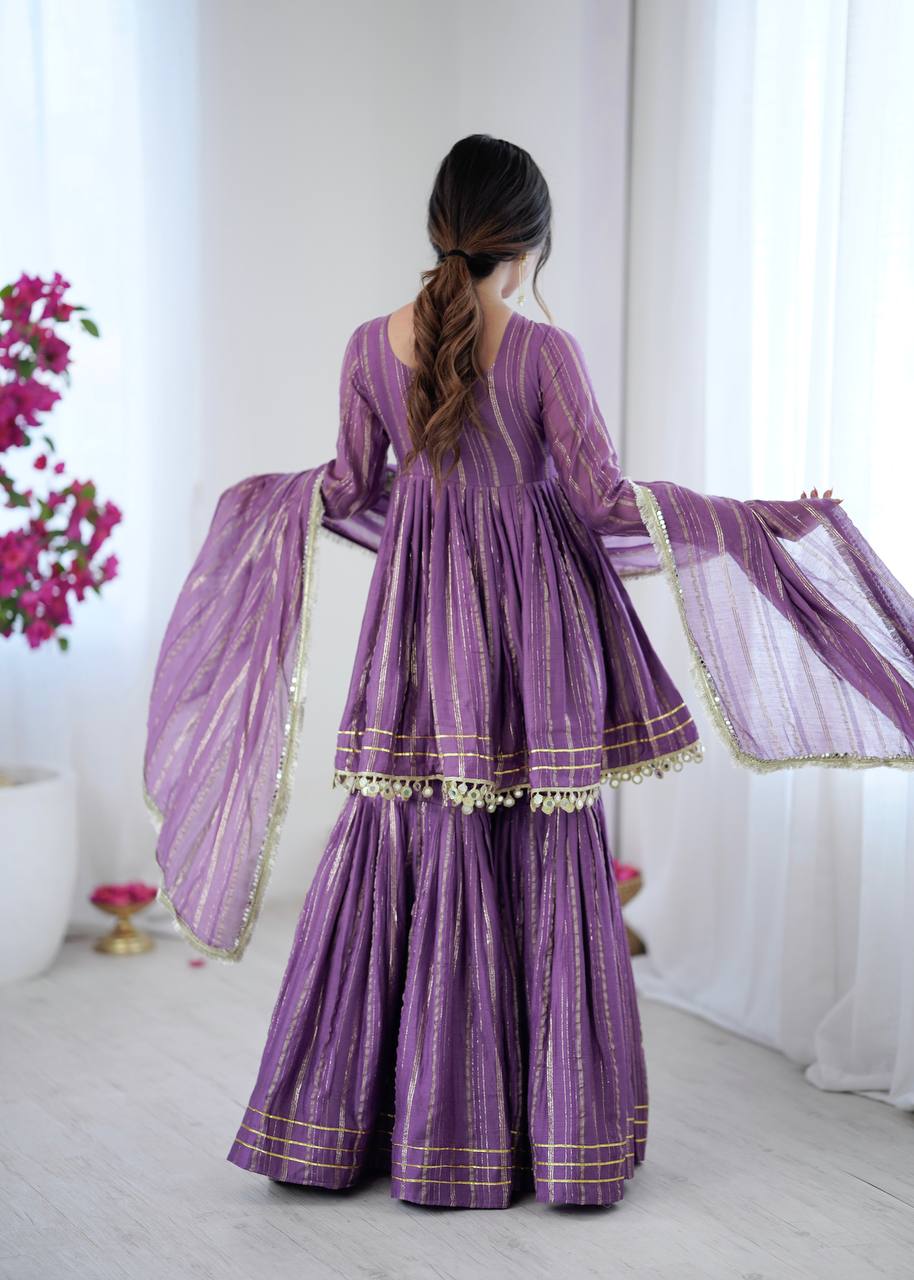 LILAC MUL CHANDERI SILK REAL MIRROR & HADWORK SHARARA SET