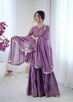 LILAC MUL CHANDERI SILK REAL MIRROR & HADWORK SHARARA SET