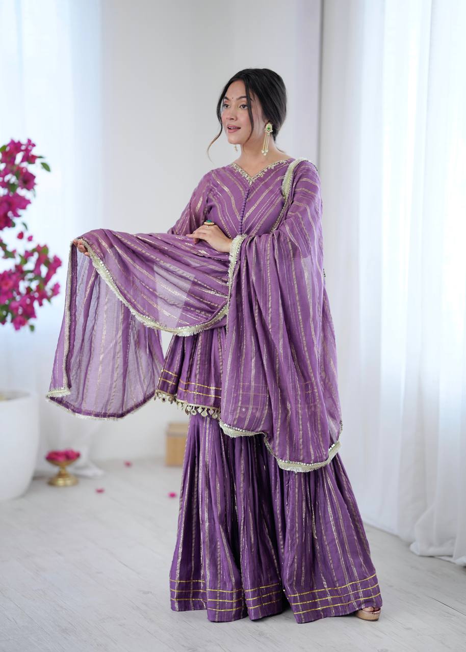 LILAC MUL CHANDERI SILK REAL MIRROR & HADWORK SHARARA SET