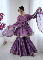 LILAC MUL CHANDERI SILK REAL MIRROR & HADWORK SHARARA SET