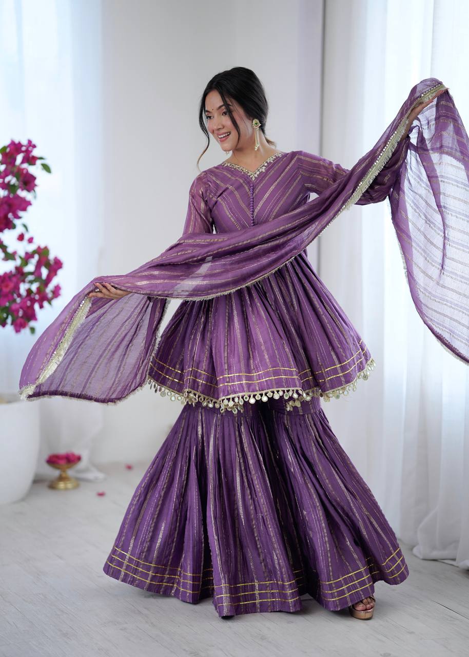 LILAC MUL CHANDERI SILK REAL MIRROR & HADWORK SHARARA SET