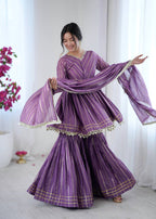 LILAC MUL CHANDERI SILK REAL MIRROR & HADWORK SHARARA SET