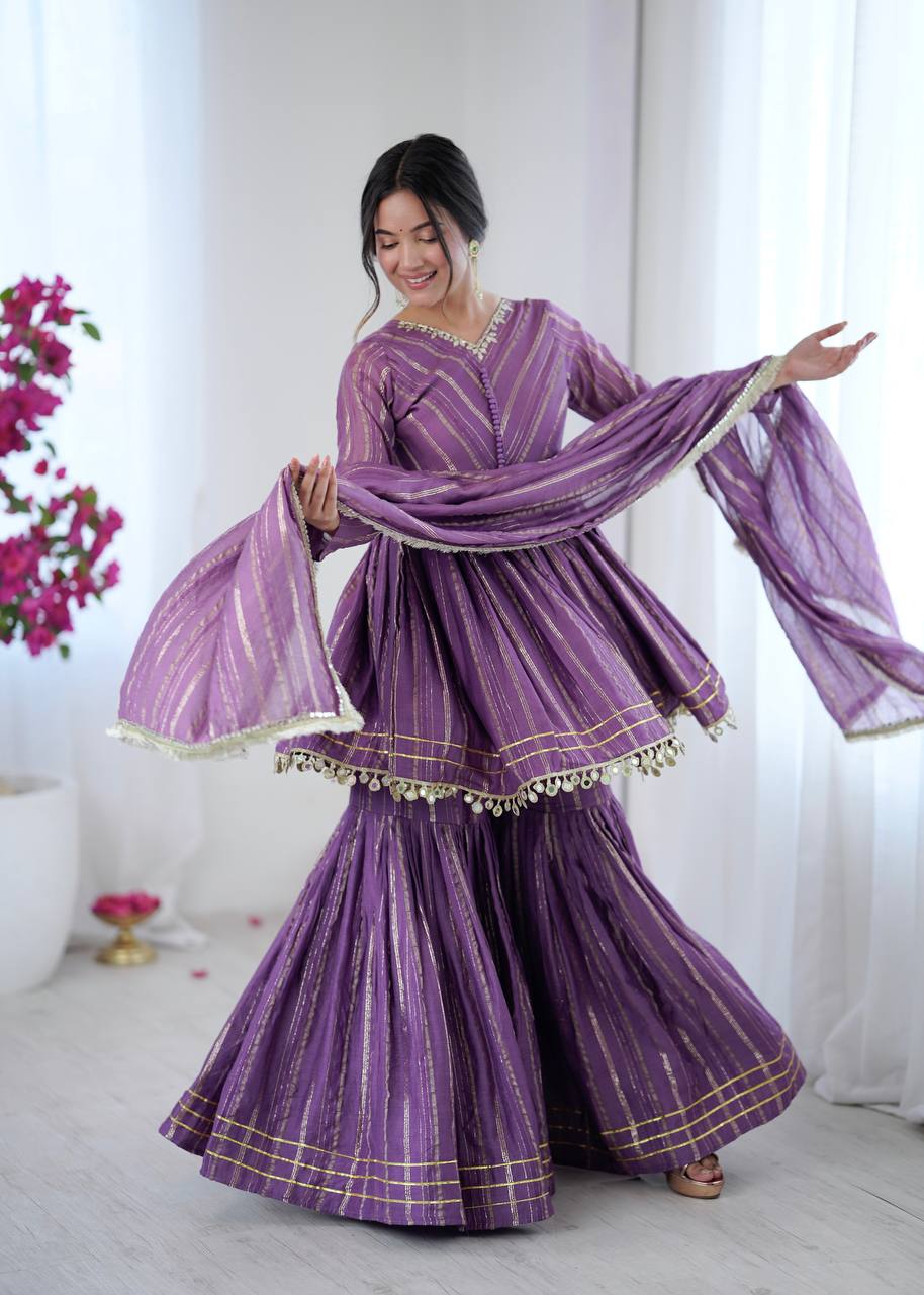 LILAC MUL CHANDERI SILK REAL MIRROR & HADWORK SHARARA SET