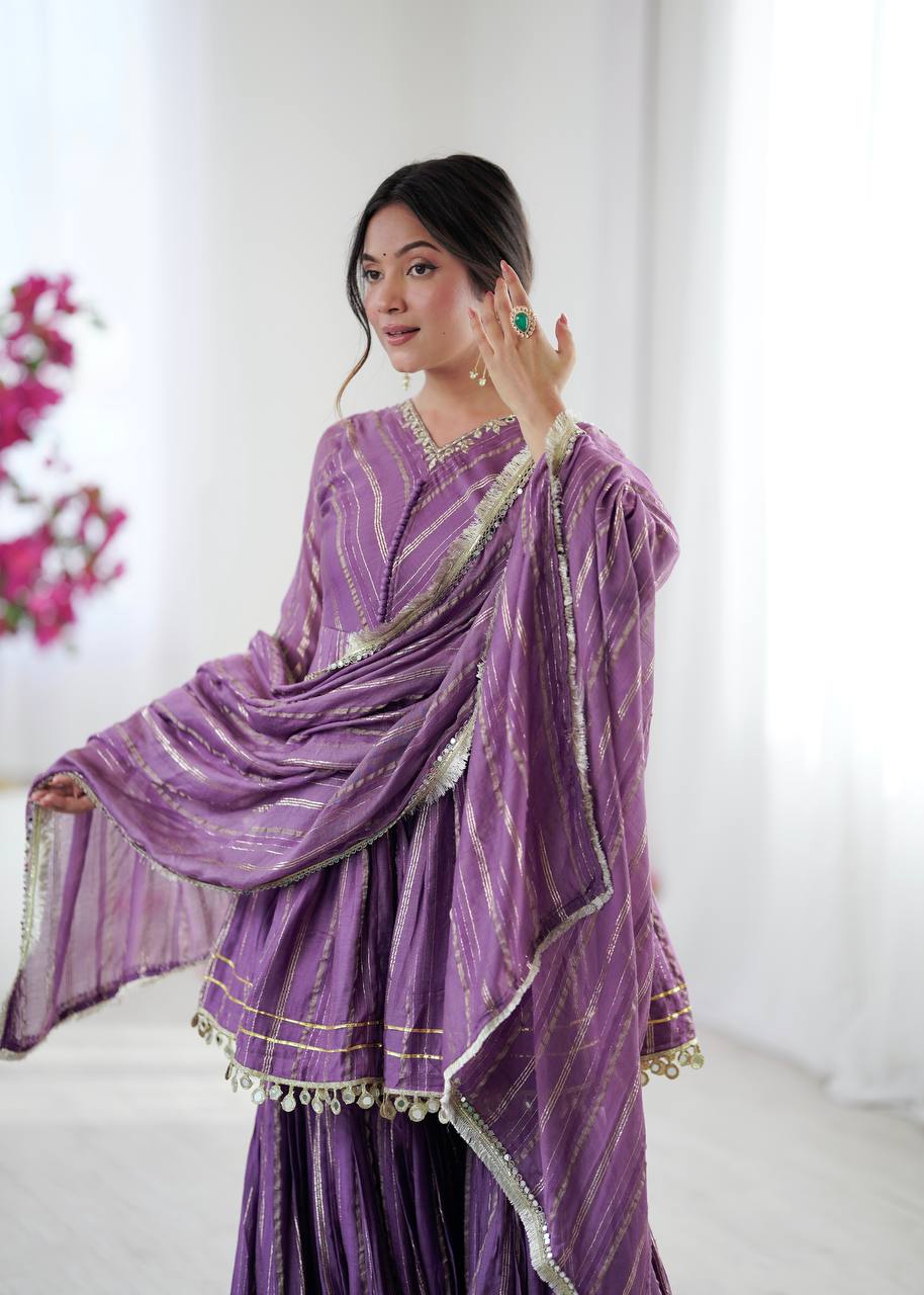 LILAC MUL CHANDERI SILK REAL MIRROR & HADWORK SHARARA SET