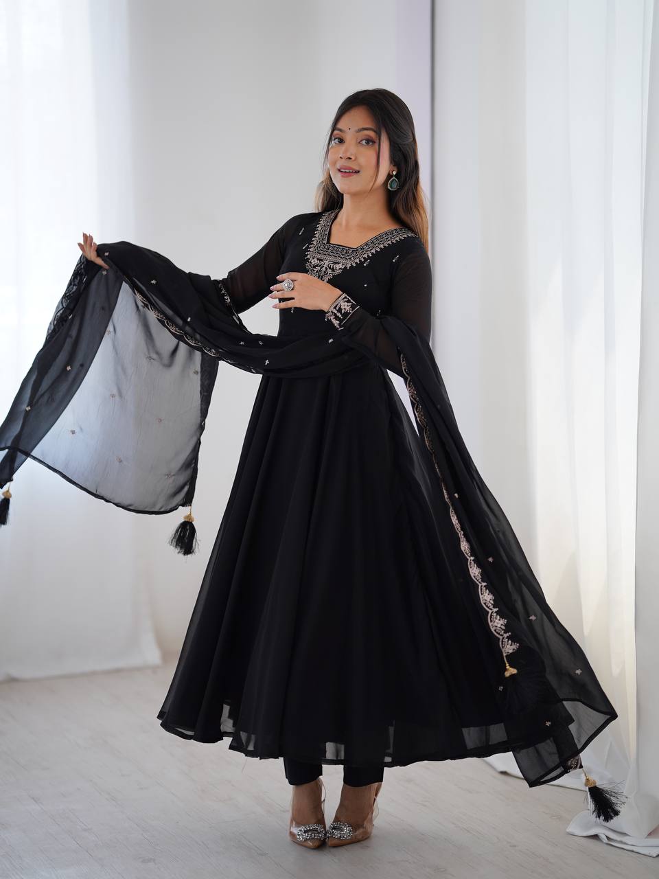 BLACK COLOR GEORGETTE EMBROIDERED ANARKALI SUIT SET OF 3