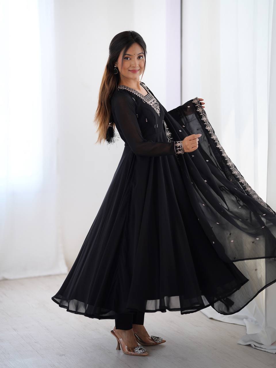 BLACK COLOR GEORGETTE EMBROIDERED ANARKALI SUIT SET OF 3