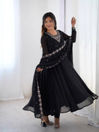 BLACK COLOR GEORGETTE EMBROIDERED ANARKALI SUIT SET OF 3