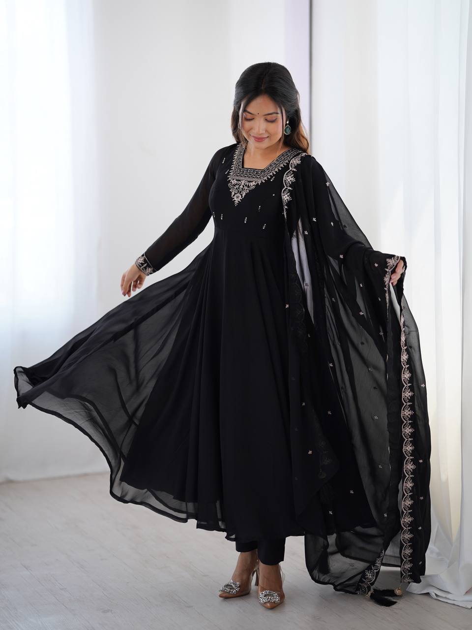 BLACK COLOR GEORGETTE EMBROIDERED ANARKALI SUIT SET OF 3