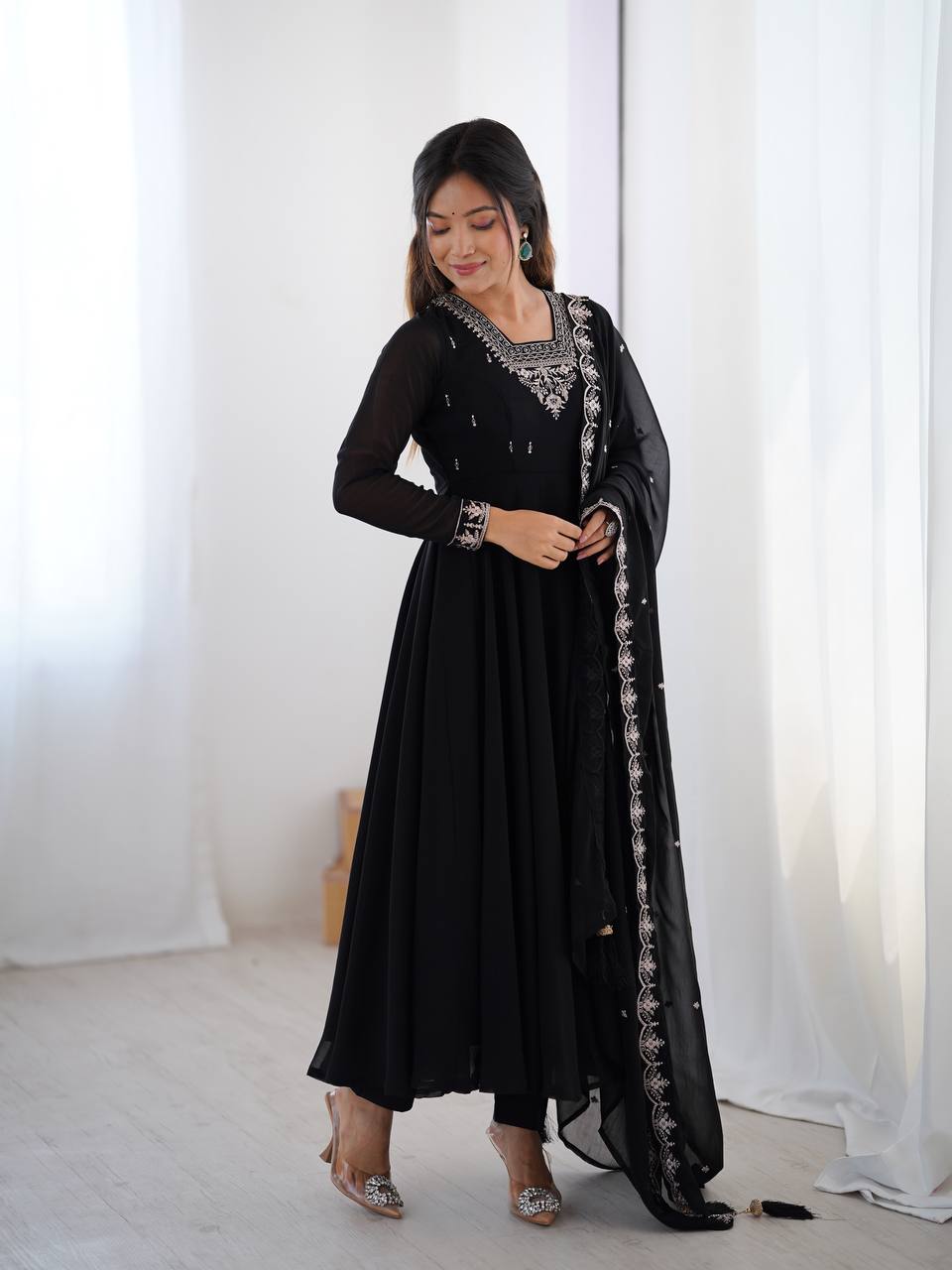 BLACK COLOR GEORGETTE EMBROIDERED ANARKALI SUIT SET OF 3