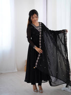BLACK COLOR GEORGETTE EMBROIDERED ANARKALI SUIT SET OF 3