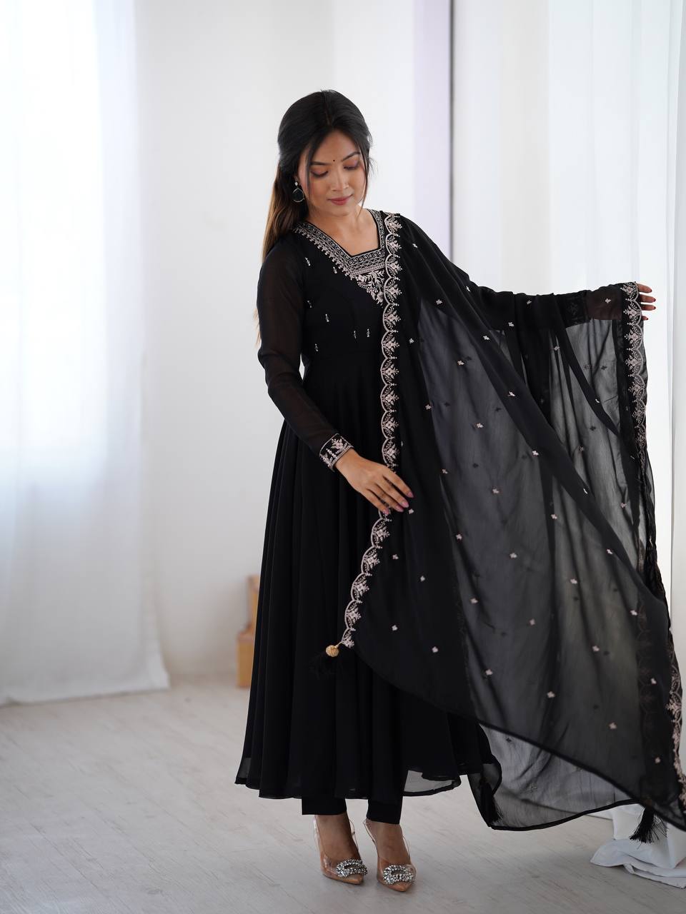 BLACK COLOR GEORGETTE EMBROIDERED ANARKALI SUIT SET OF 3