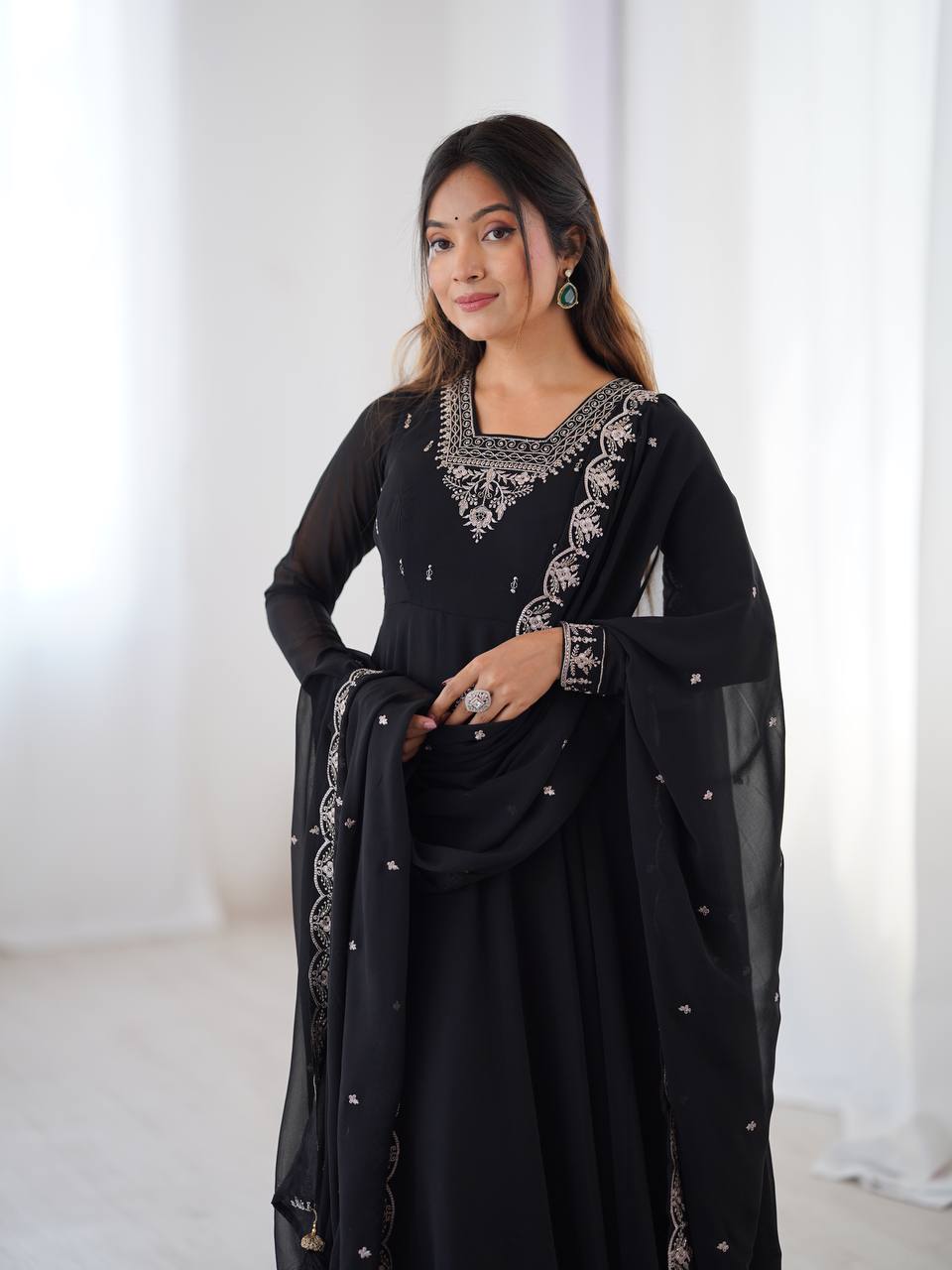 BLACK COLOR GEORGETTE EMBROIDERED ANARKALI SUIT SET OF 3