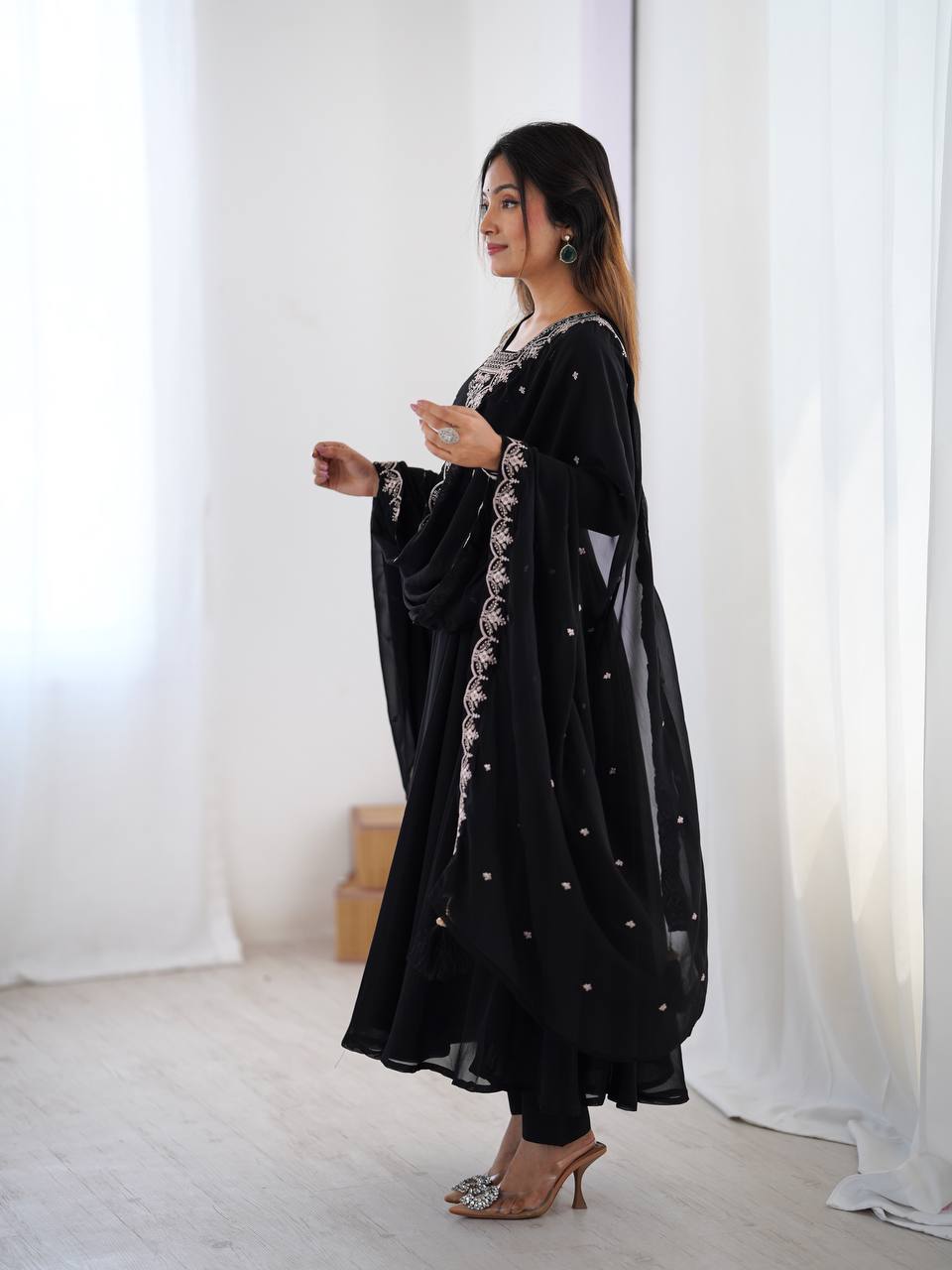 BLACK COLOR GEORGETTE EMBROIDERED ANARKALI SUIT SET OF 3