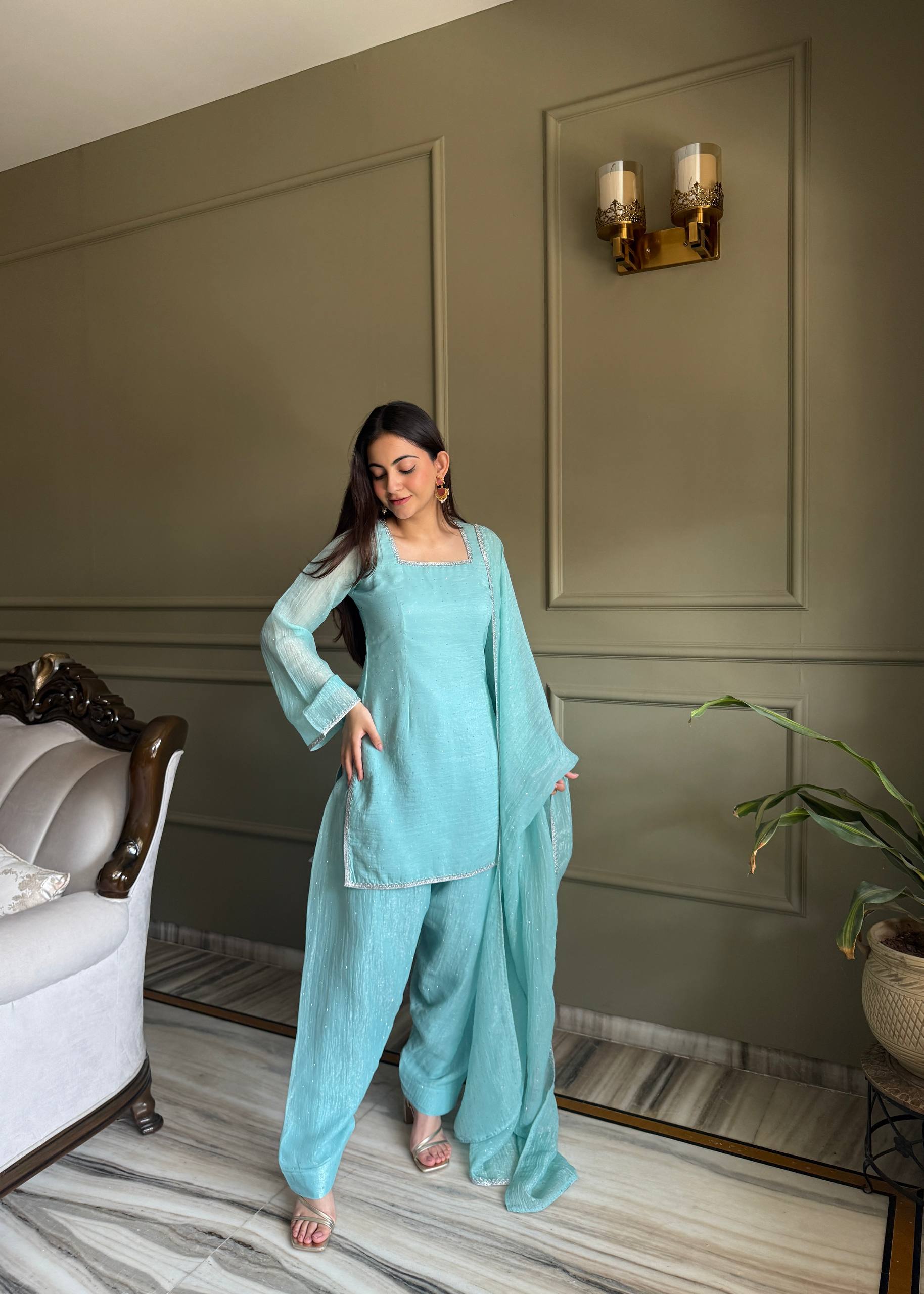 AQUAMARINE BLUE CRUNCHY SILK FARSI SALWAR SUIT