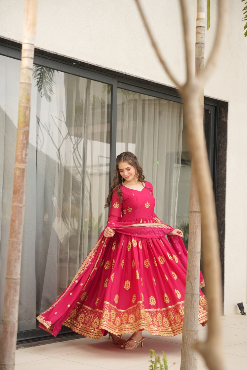 RANI PINK COLOR STAR GEORGETTE SEQUENCE EMBROIDERED GOWN