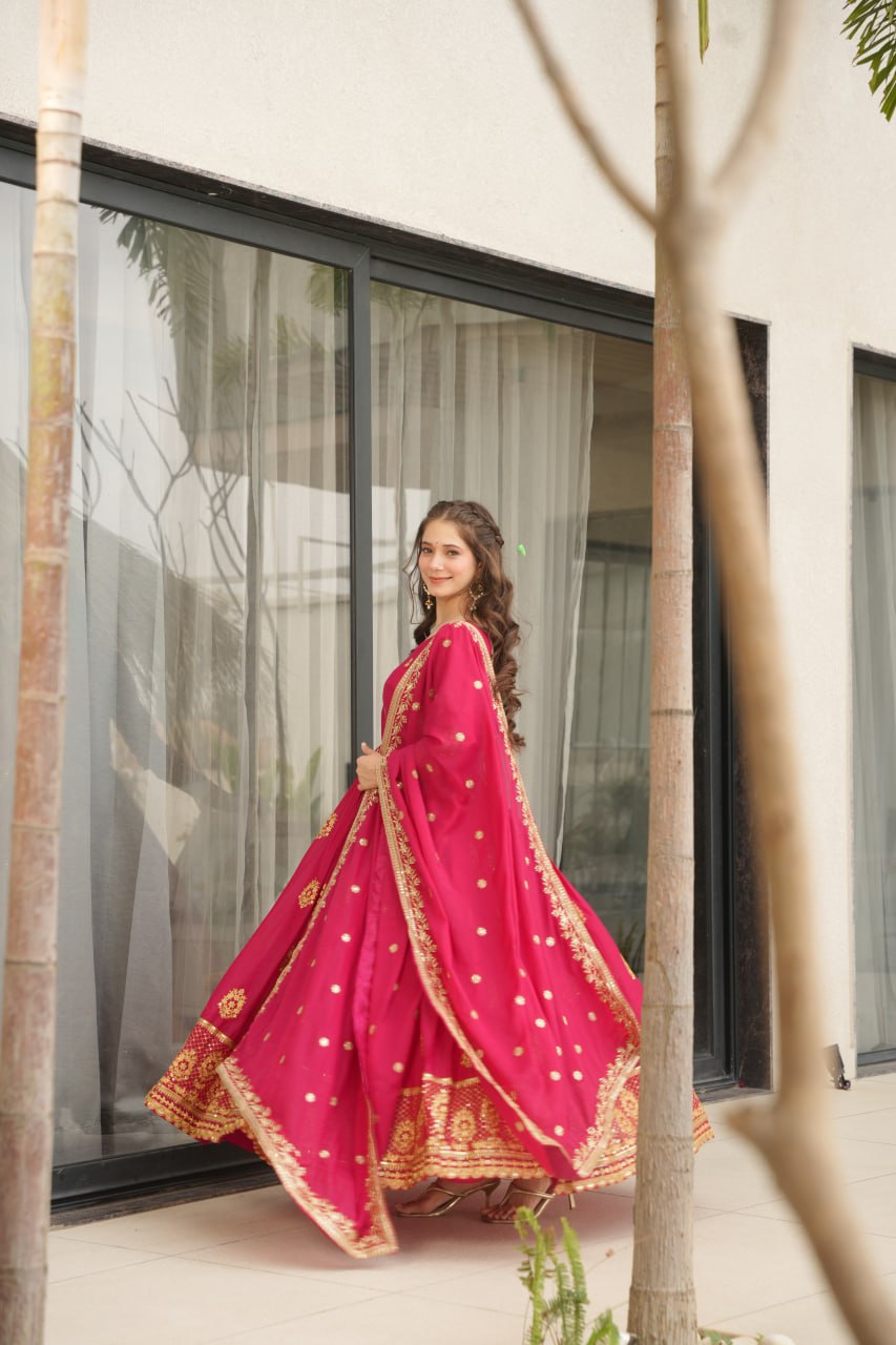RANI PINK COLOR STAR GEORGETTE SEQUENCE EMBROIDERED GOWN