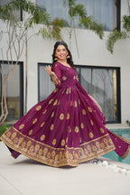 WINE COLOR STAR GEORGETTE SEQUENCE EMBROIDERED GOWN