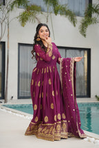 WINE COLOR STAR GEORGETTE SEQUENCE EMBROIDERED GOWN