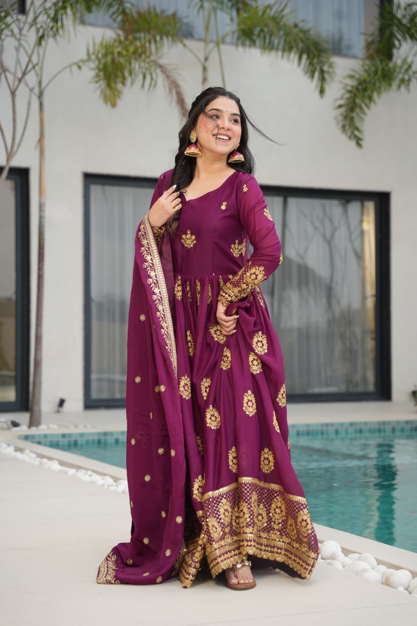 WINE COLOR STAR GEORGETTE SEQUENCE EMBROIDERED GOWN