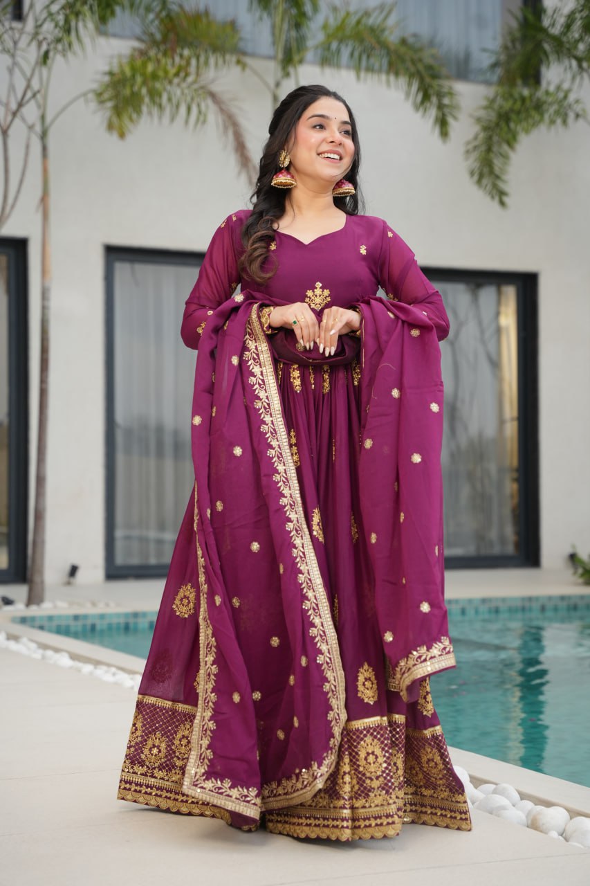 WINE COLOR STAR GEORGETTE SEQUENCE EMBROIDERED GOWN