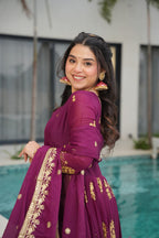 WINE COLOR STAR GEORGETTE SEQUENCE EMBROIDERED GOWN