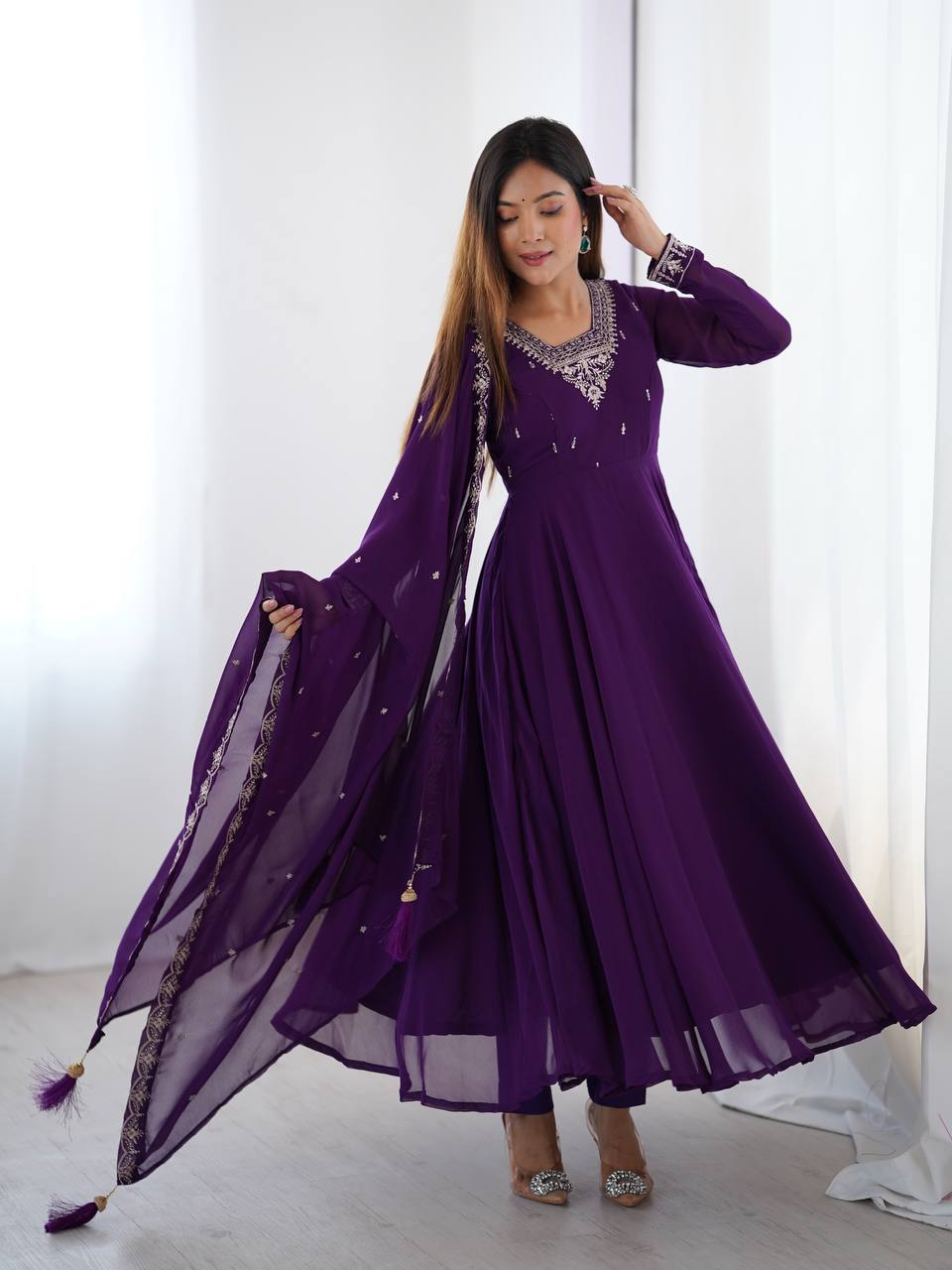 PURPLE COLOR GEORGETTE EMBROIDERED ANARKALI SUIT SET OF 3