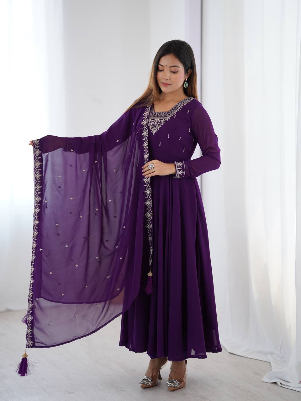 PURPLE COLOR GEORGETTE EMBROIDERED ANARKALI SUIT SET OF 3