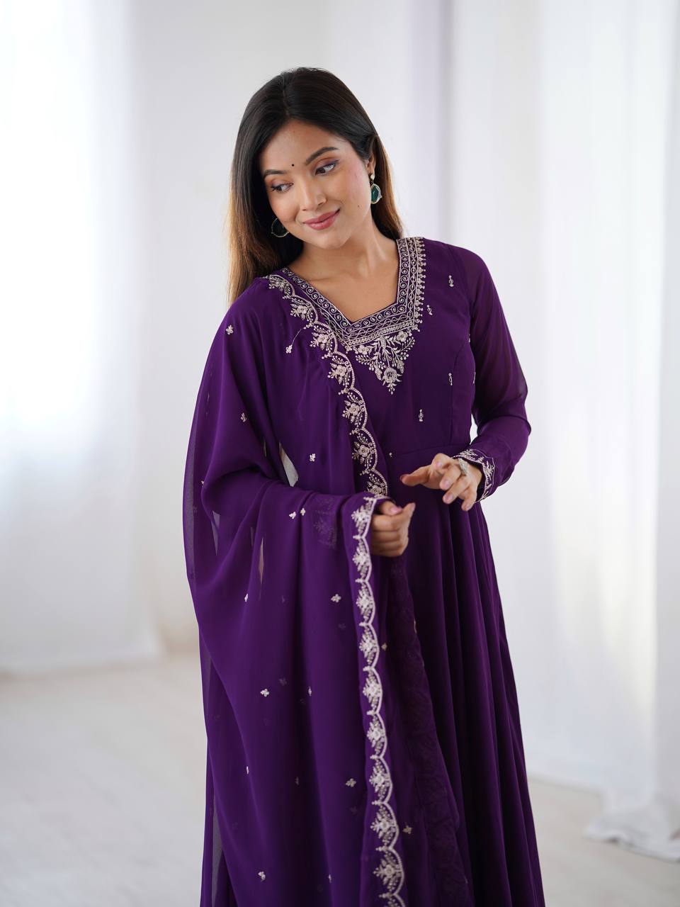 PURPLE COLOR GEORGETTE EMBROIDERED ANARKALI SUIT SET OF 3