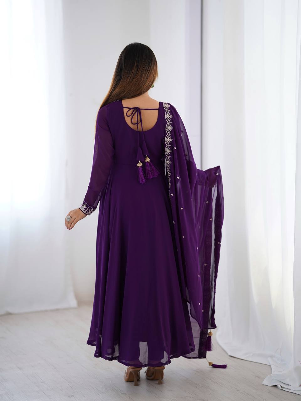 PURPLE COLOR GEORGETTE EMBROIDERED ANARKALI SUIT SET OF 3