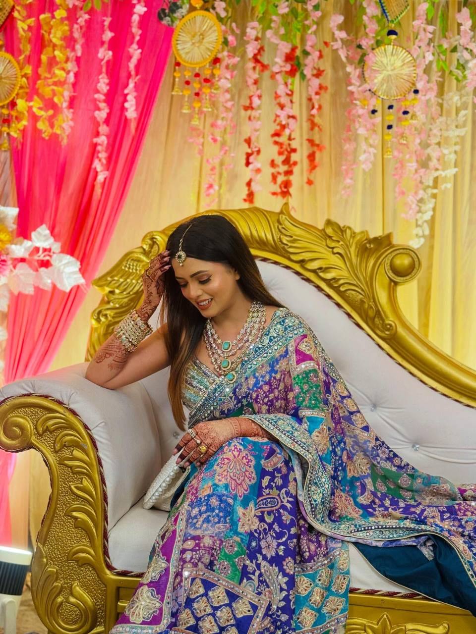 PREMIUM DESIGNER CHINNON SAREE WITH HAND MIRROR WORK