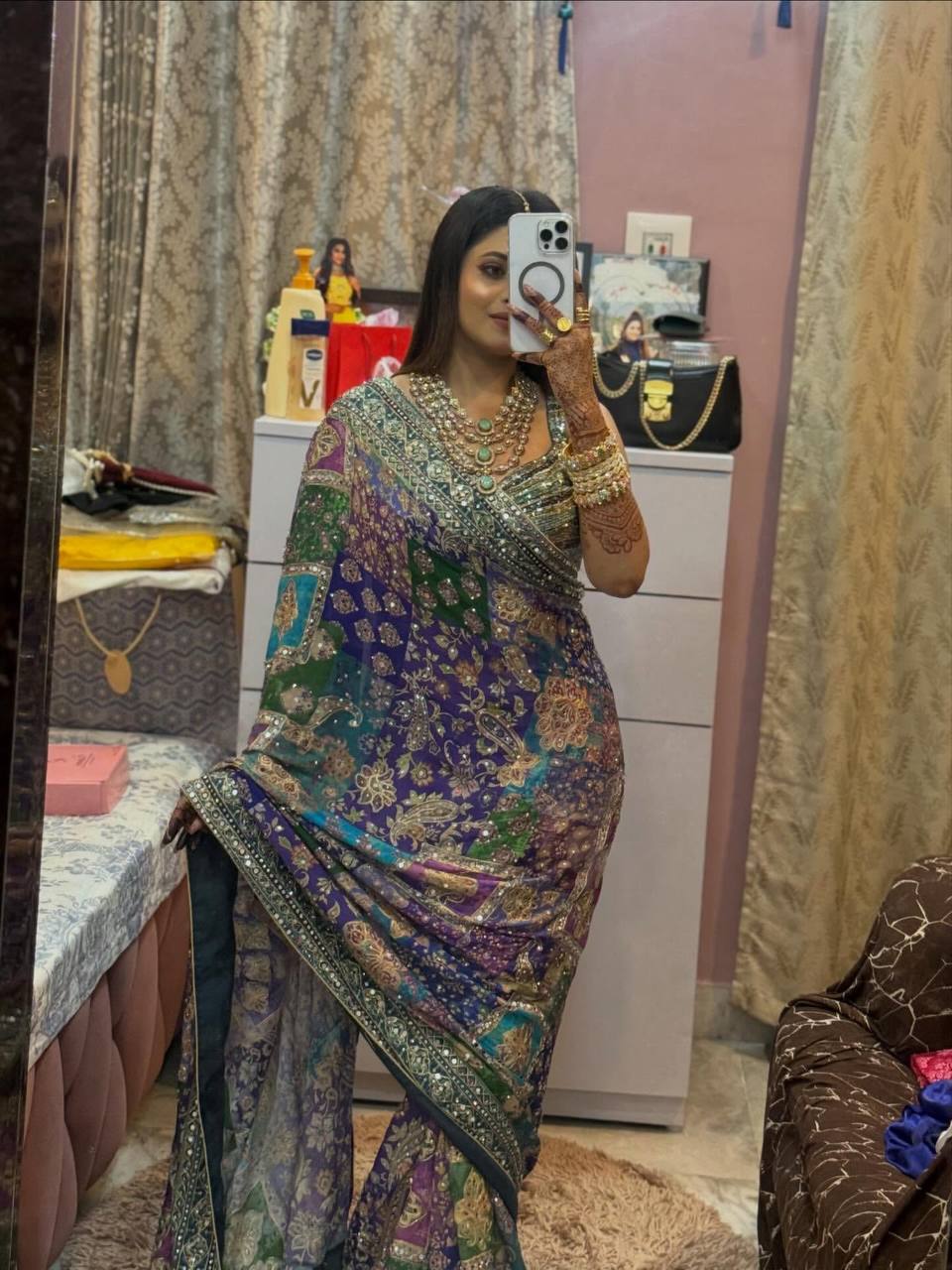 PREMIUM DESIGNER CHINNON SAREE WITH HAND MIRROR WORK