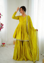 MUSTARD YELLOW MUL CHANDERI SILK REAL MIRROR & HADWORK SHARARA SET