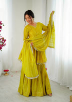 MUSTARD YELLOW MUL CHANDERI SILK REAL MIRROR & HADWORK SHARARA SET