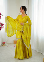 MUSTARD YELLOW MUL CHANDERI SILK REAL MIRROR & HADWORK SHARARA SET