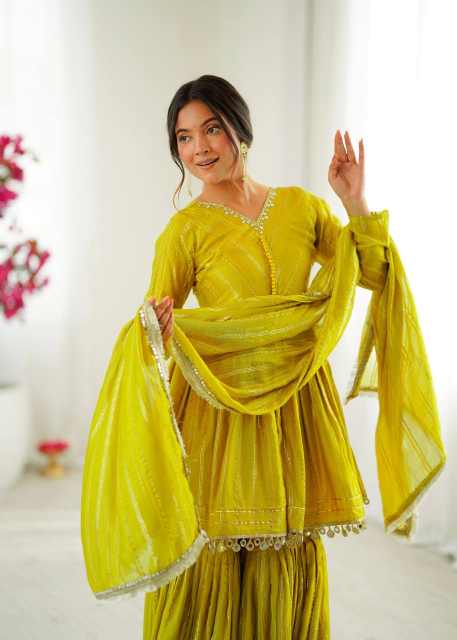 MUSTARD YELLOW MUL CHANDERI SILK REAL MIRROR & HADWORK SHARARA SET
