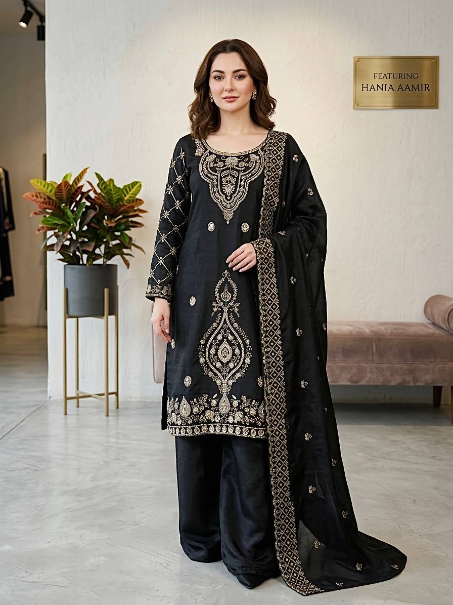 PREMIUM BLACK COLOR HANDWORK & EMBROIDERED WORK PLAZZO SUIT SET