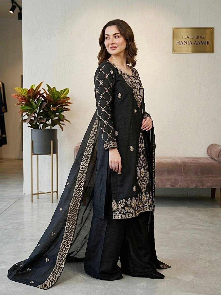PREMIUM BLACK COLOR HANDWORK & EMBROIDERED WORK PLAZZO SUIT SET