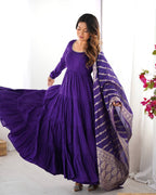 PURPLE COLOR PURE ROMAN SILK RUFFLE STYLE ANARKALI SUIT SET OF 3