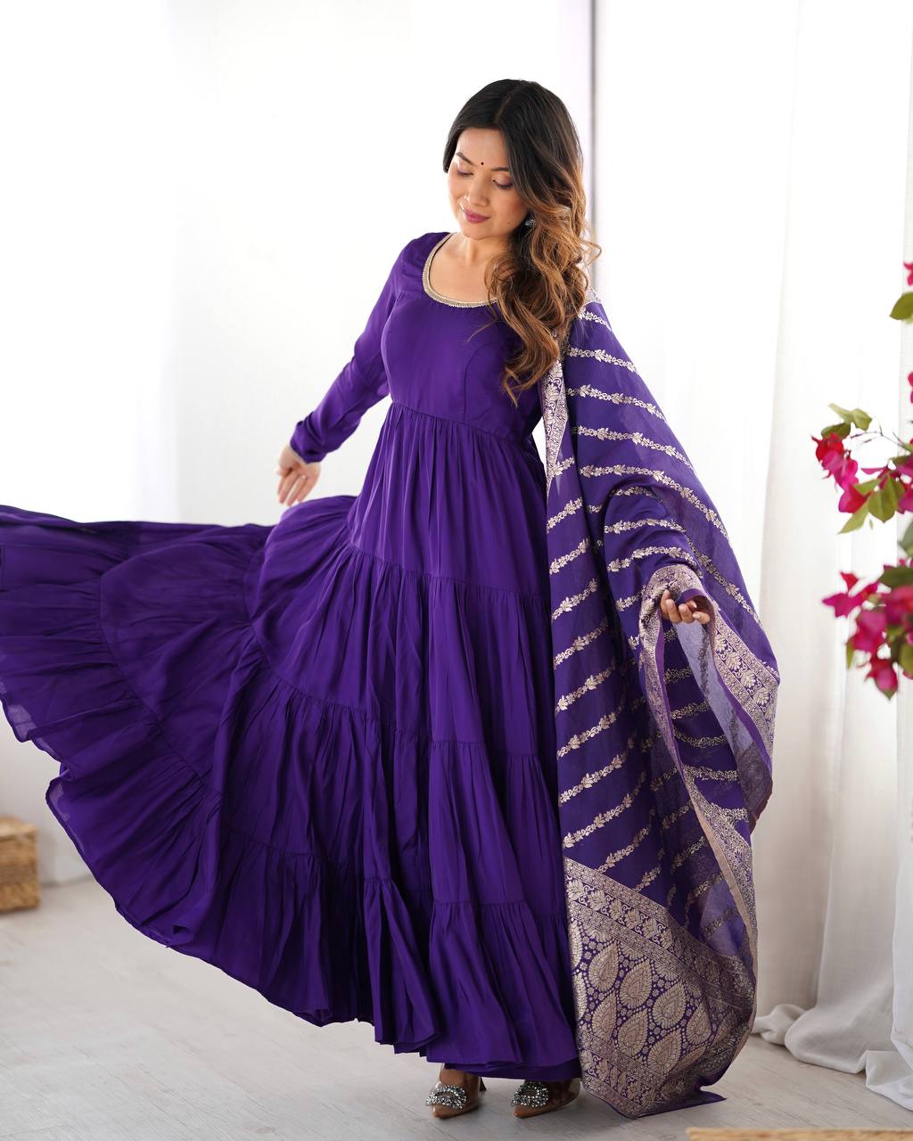 PURPLE COLOR PURE ROMAN SILK RUFFLE STYLE ANARKALI SUIT SET OF 3