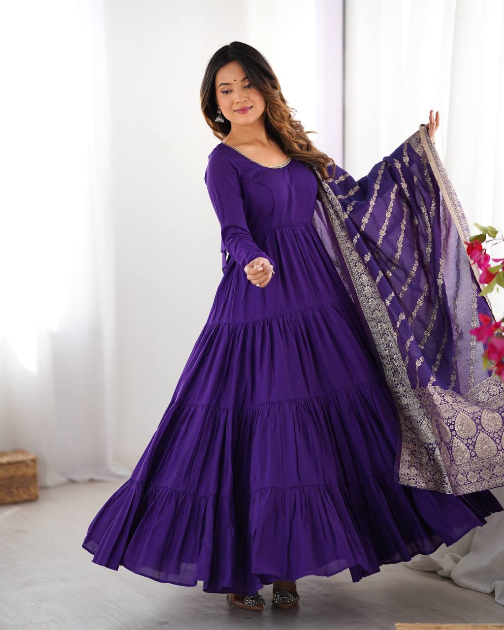PURPLE COLOR PURE ROMAN SILK RUFFLE STYLE ANARKALI SUIT SET OF 3