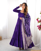 PURPLE COLOR PURE ROMAN SILK RUFFLE STYLE ANARKALI SUIT SET OF 3