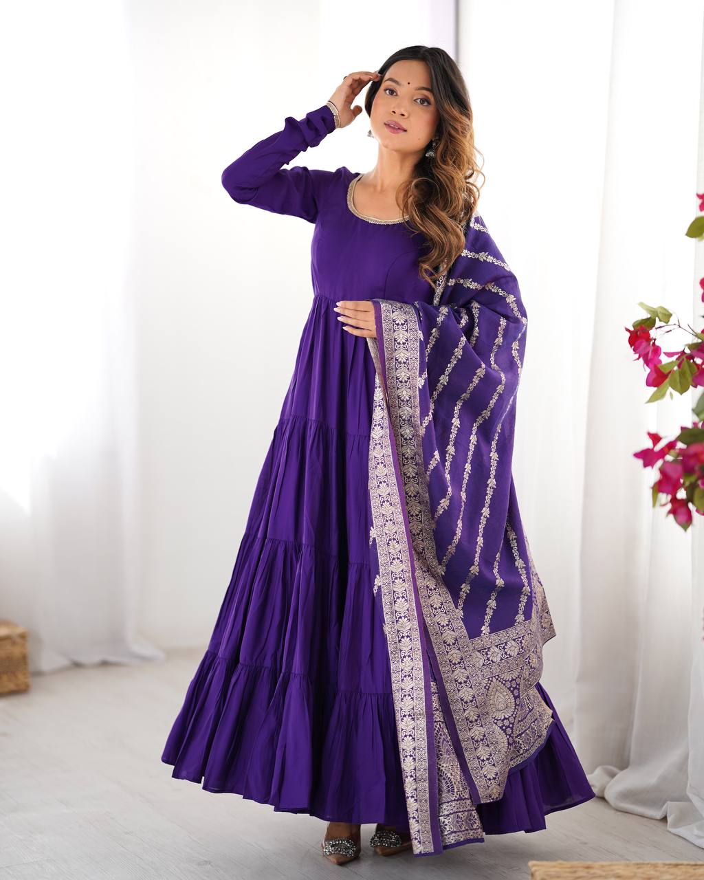 PURPLE COLOR PURE ROMAN SILK RUFFLE STYLE ANARKALI SUIT SET OF 3
