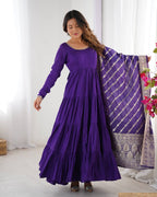 PURPLE COLOR PURE ROMAN SILK RUFFLE STYLE ANARKALI SUIT SET OF 3